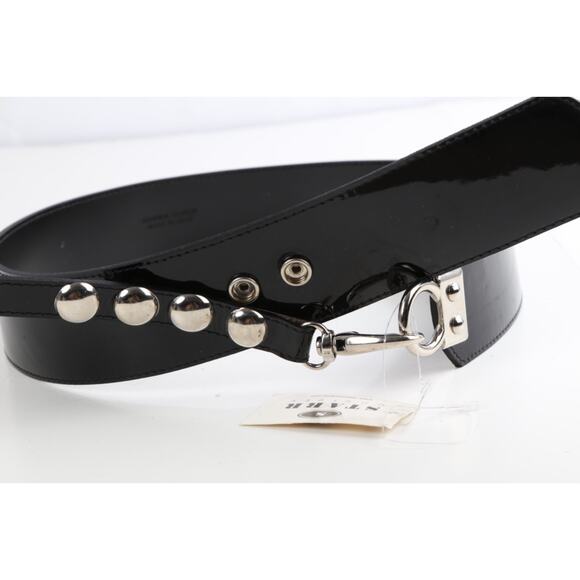 Vintage Set of 2 Black Patent Leather Wide Belts Silver Studded Chain Punk M 85 - Picture 4 of 16